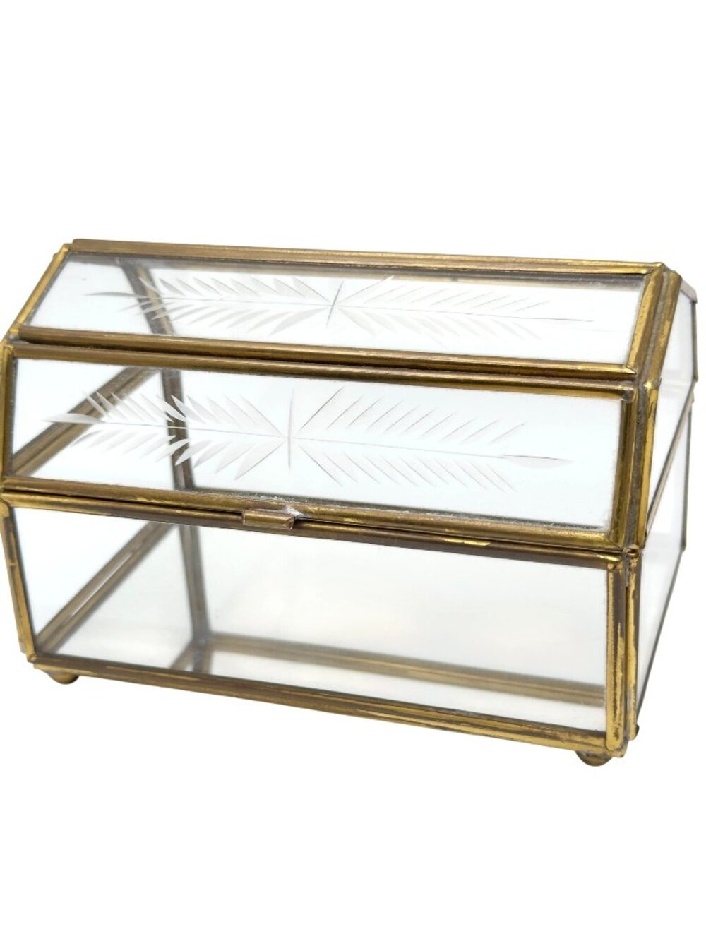 Glass Brass Vtg Treasure Chest Trinket Box Etched Floral  Mirror Base 4.75"